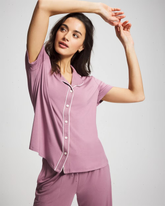 Piped Short Sleeve Notch Collar Pajama Top